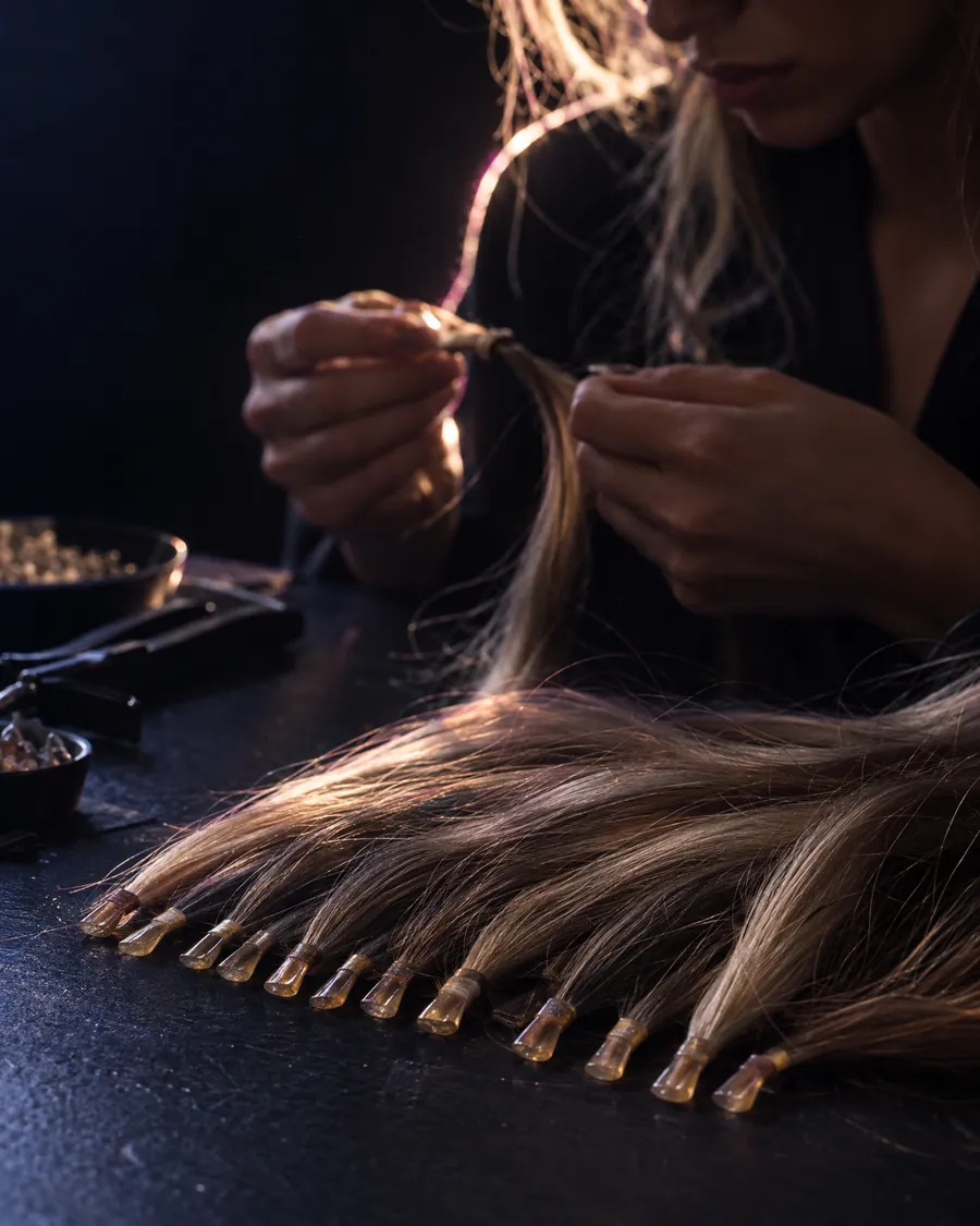 Gelöste Extensions mit frisch erneuerten Keratinbondings, bereit zum Wiedereinsetzen